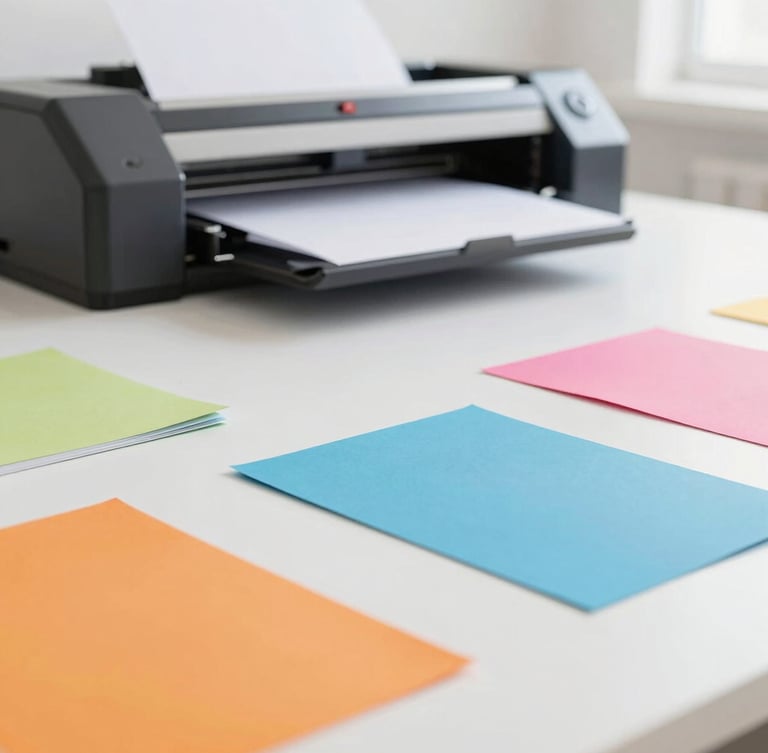 Bright high-key product photography, crisp natural daylight, a modern print studio with clean white tables, colorful paper swatches, and a high-precision digital press in the background, macro depth of field, 50mm lens.