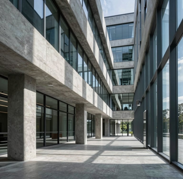 Extreme wide architectural shot of a modern concrete and glass office corridor, sharp geometric shadows, cool crisp morning light.