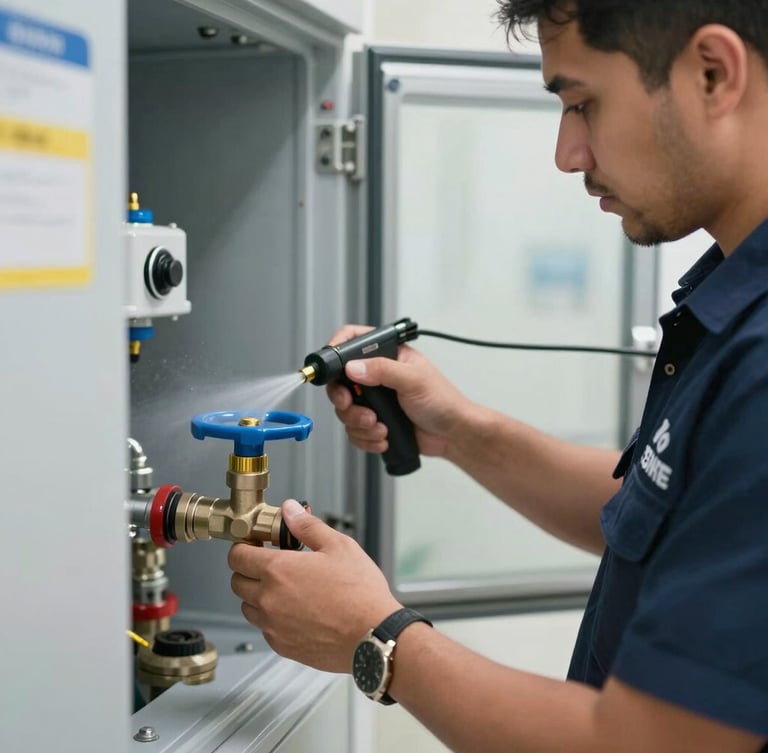 Close-up of a professional technician in a branded navy uniform calibrating a high-pressure water valve inside a modern Dubai utility room, sharp daylight.