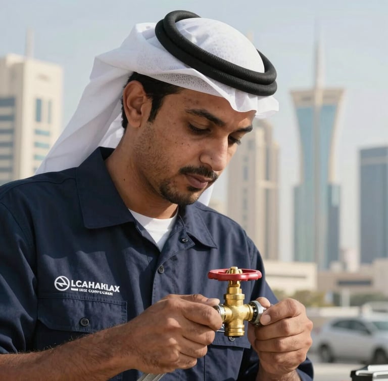 Close-up of a professional technician in a branded navy uniform tightening a brass valve with a wrench under bright daylight, Sheikh Zayed Road towers visible in background.