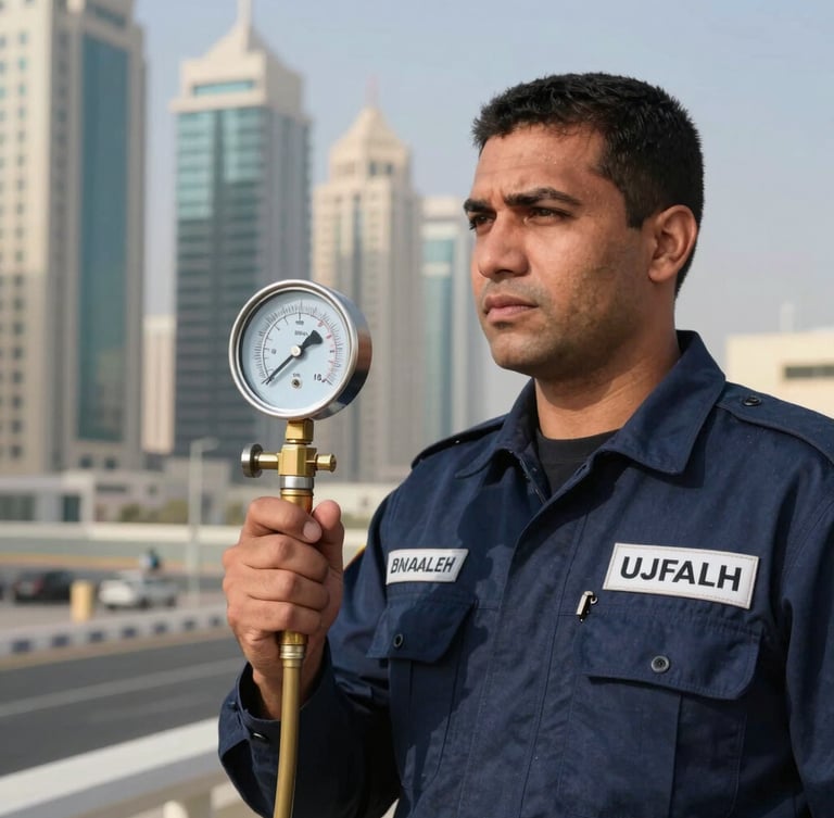 Branded navy uniform technician holding a technical pressure gauge with Sheikh Zayed Road high-rises blurred in the background, sharp daylight.