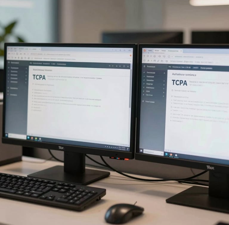 Close-up of dual monitors displaying automated TCPA compliance software, clean desk, professional office lighting.