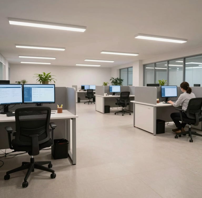 Wide-angle environmental shot of a clean, modern call center floor with professional office lighting, dual monitors displaying secure compliance dashboards, and organized workspaces.