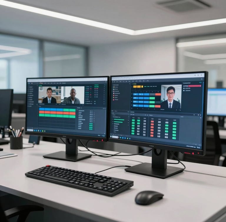 A modern enterprise operations center with secure dual-monitor workstations displaying real-time data visualisations and call routing dashboards, bright professional lighting.