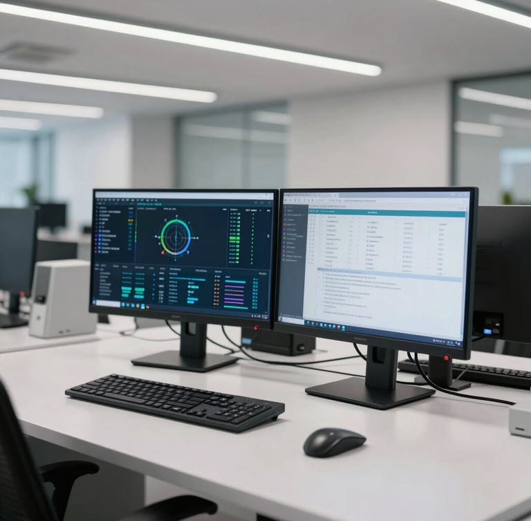 A high-clarity wide shot of a modern, clean operations floor, dual monitors displaying real-time data dashboards, bright professional office lighting.