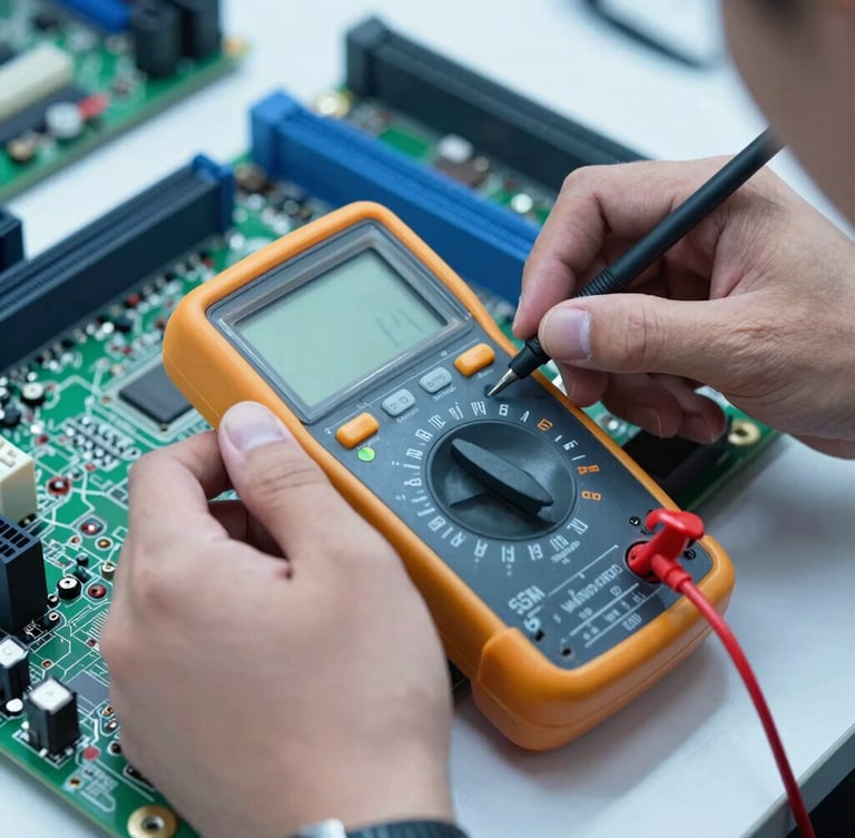 Close-up of a technician testing motherboard components with a digital multimeter, cool technical lighting, sharp focus, 35mm