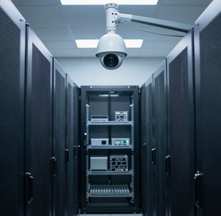 Symmetrical architectural shot of a high-mounted industrial CCTV camera overlooking an organized corporate server room, cool-toned technical lighting, 35mm