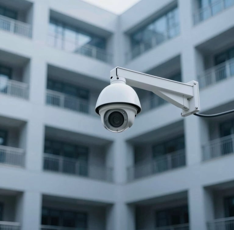 High-mounted industrial CCTV camera overlooking a structured corporate courtyard, cool technical lighting, sharp focus, 35mm