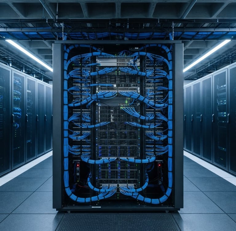 Symmetrical architectural shot of an immaculate server rack with organized blue structural cabling, cool technical lighting, crisp slate tones, 35mm