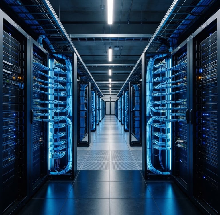 Symmetrical architectural shot of a clean corporate server room with immaculate blue-backlit cable management and server racks, 35mm, cool technical lighting.
