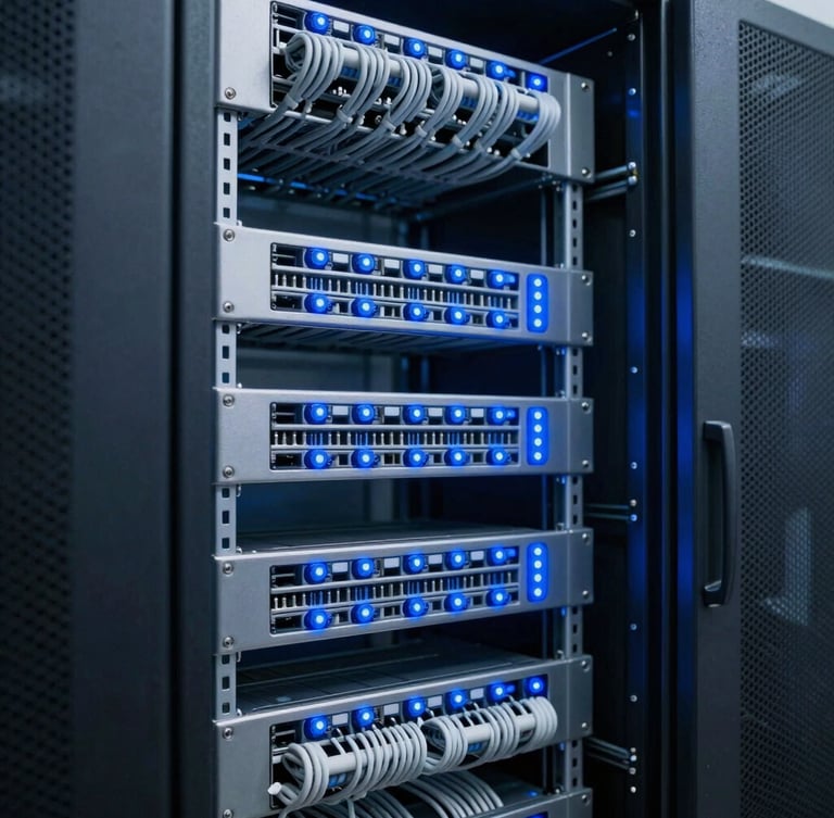 Immaculate server rack with clean structured cabling, electric blue status lights blinking, sharp architectural composition, 35mm