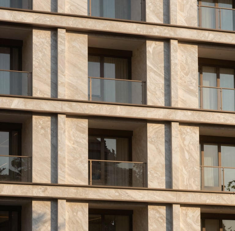 High-end real estate development in Istanbul, soft afternoon sunlight casting long shadows on modern architectural facade, minimalist composition, 35mm lens