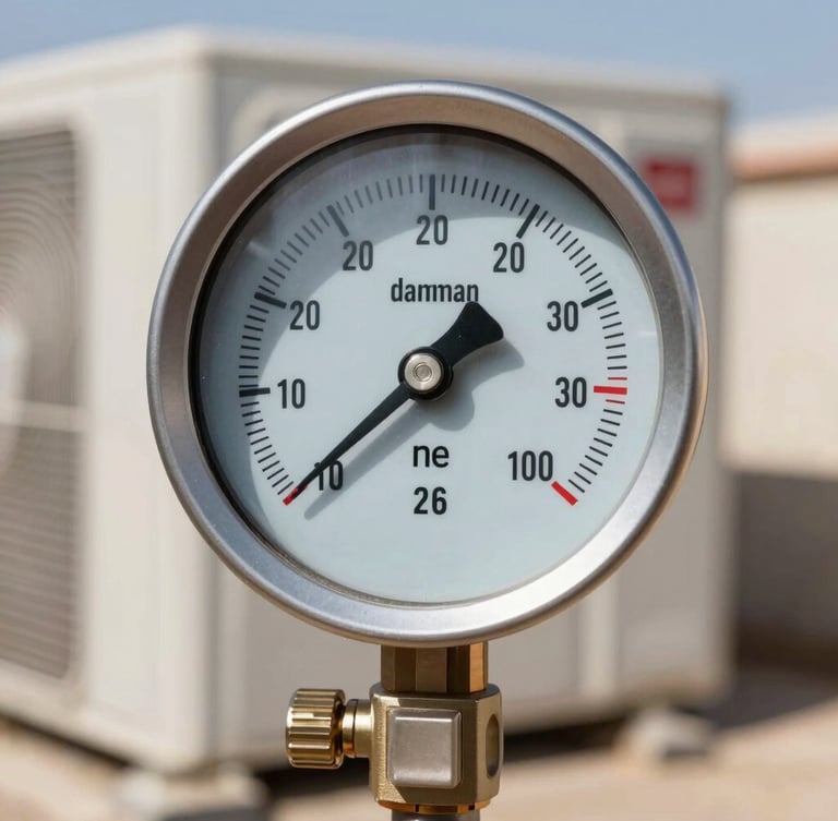 Macro shot of a digital manifold gauge displaying precise pressure readings on an outdoor AC condenser unit under bright Dammam daylight.