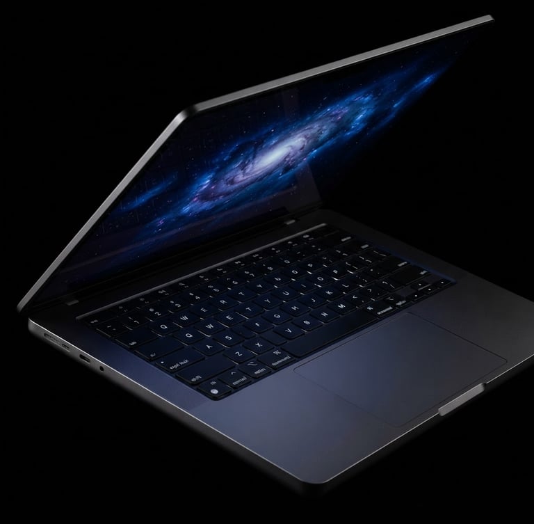 Macro studio shot of a space gray MacBook Pro open, showing a vibrant liquid retina display, sharp aluminum edges, dramatic low-key lighting, deep black background, ultra-detailed
