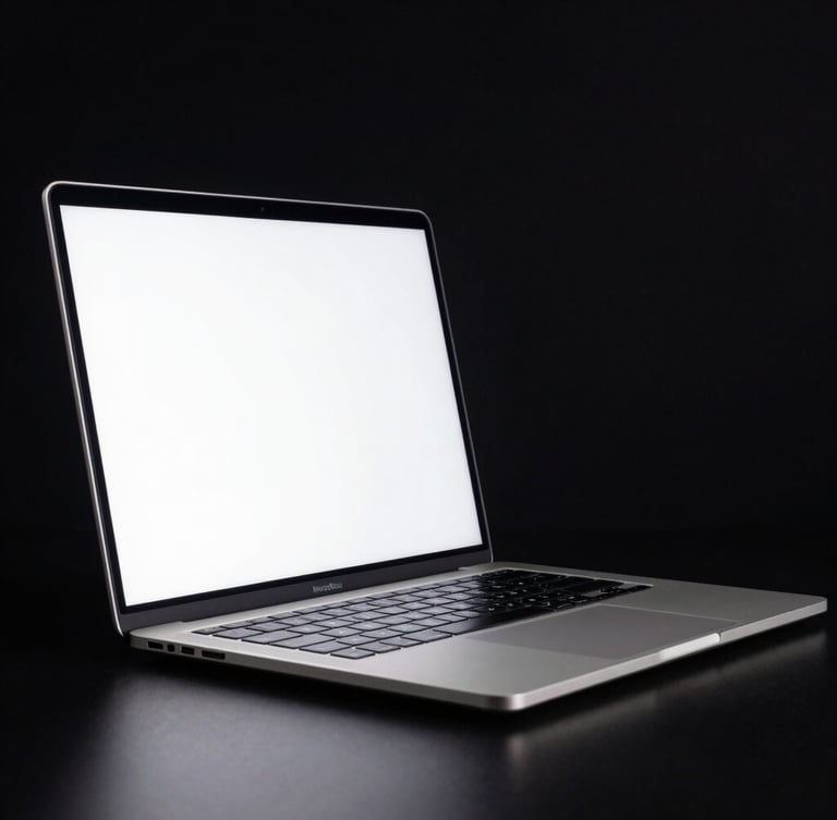 An open MacBook Pro showing a clean glowing screen, side profile highlighting the aluminum chassis, dramatic low-key studio lighting, deep black background, sharp reflections.