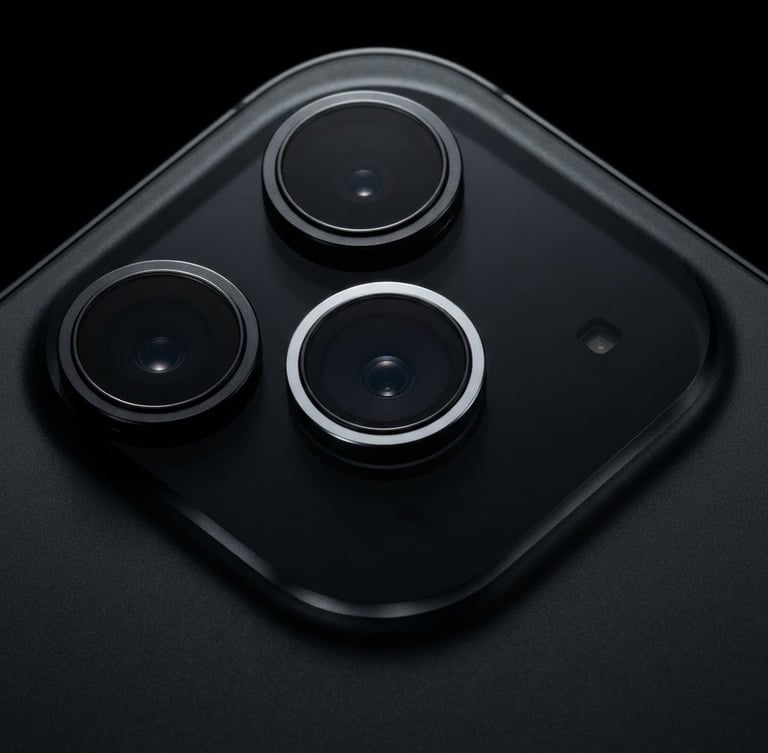 Macro close-up of three pristine iPhone camera lenses on a deep black metallic body, sharp rim lighting, ultra-detailed studio photography, 85mm lens