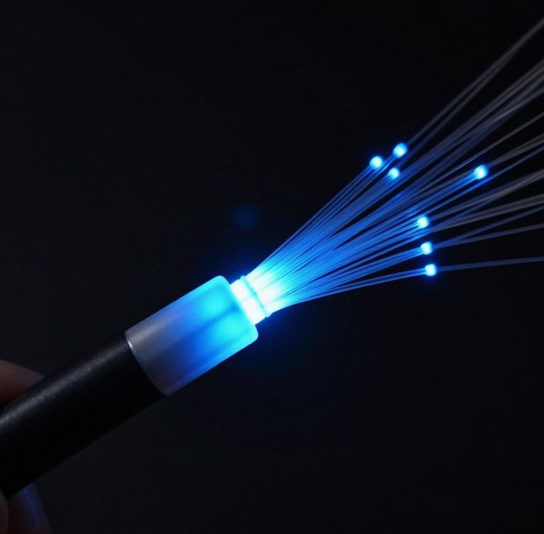 Macro shot of glowing fiber optic cable splicing, cool blue neon accents, sharp high-contrast studio lighting, dark-mode technology photography