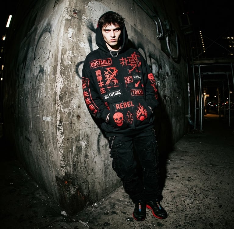 High-contrast direct flash streetwear model leaning against a raw concrete wall, wearing a heavy oversized black hoodie with red graphic prints, 35mm wide-angle distortion