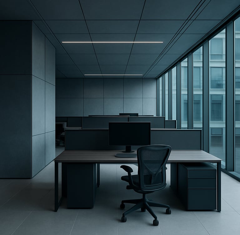 Wide-angle architectural shot of a minimalist, high-end corporate office workspace with structured lines, cool diffused daylight, 35mm lens, sharp focus.