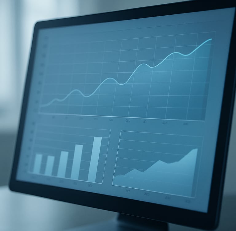 Macro close-up of a high-end physical screen displaying an analytical dashboard with clean data lines, cool diffused daylight, subtle blue screen-glow, 35mm lens.