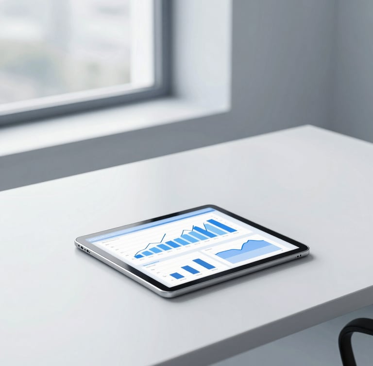 Bright modern office desk with clean lines, architectural window light, tablet showing organized financial graphs, cool blue tones