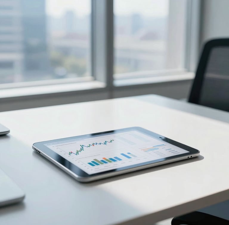 Bright modern office desk with a tablet displaying clean financial charts, natural daylight streaming through a large window, soft blue tones, shallow depth of field