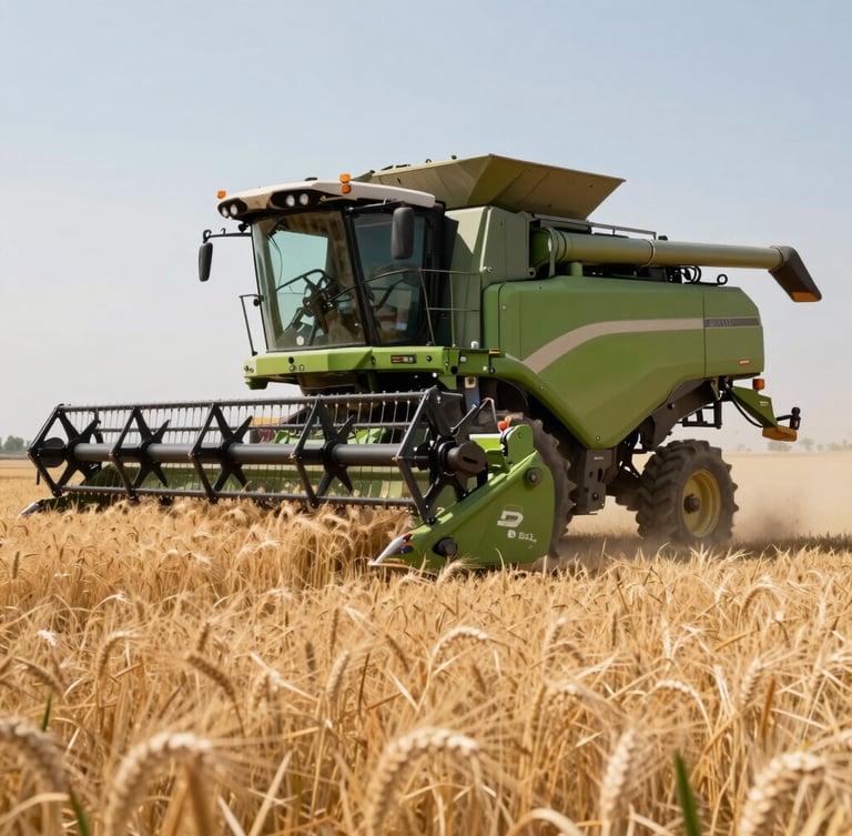 Low-angle dynamic shot of a massive semi-automated green harvester operating in a dusty golden wheat field, bright natural sunlight, mechanical details visible.