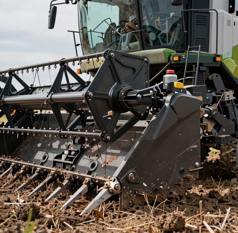 Close-up of heavy-duty mechanical joints and reinforced chassis of an agricultural harvester, operating in muddy field conditions, natural lighting.