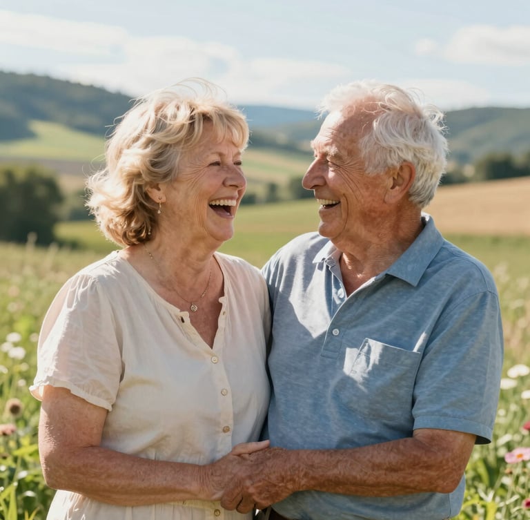 Happy senior couple laughing together outdoors on a farm during a scenic autumn sunset.