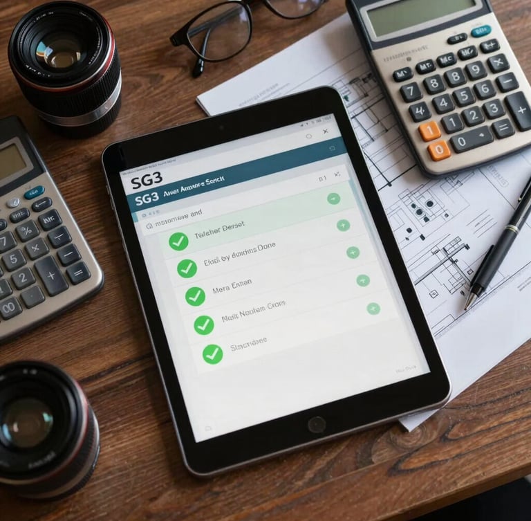 Top-down desk layout showing a tablet screen displaying the SG3 system interface with green approved checkmarks, next to a clean engineering calculator and technical documents.