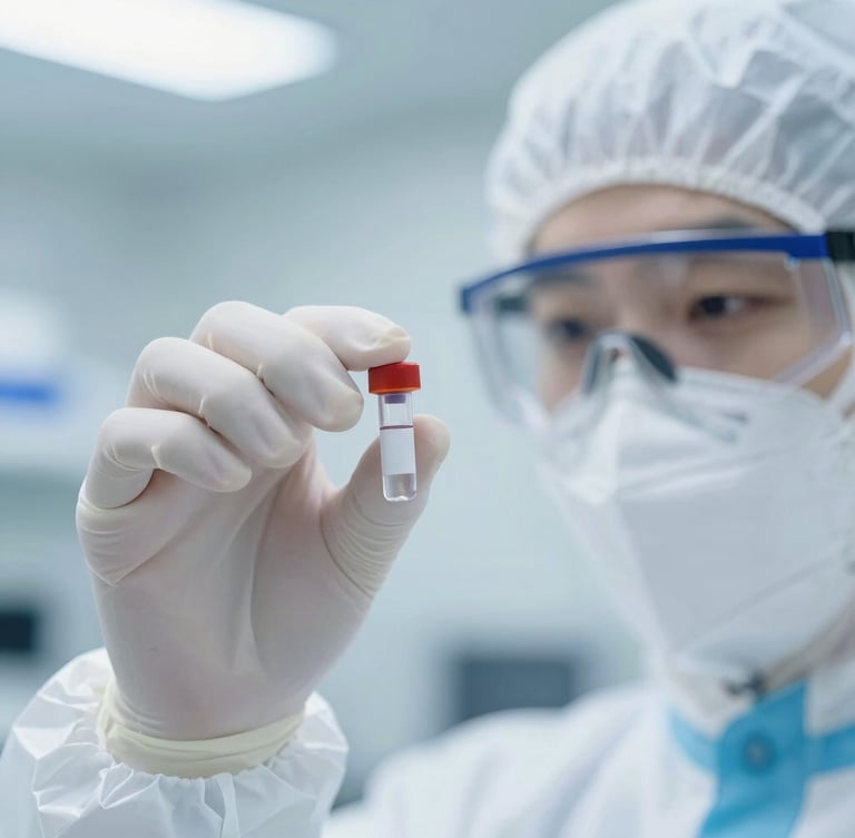 Macro close-up of a lab technician in full sterile PPE handling a specimen vial, bright cool laboratory lighting, sharp focus, 35mm
