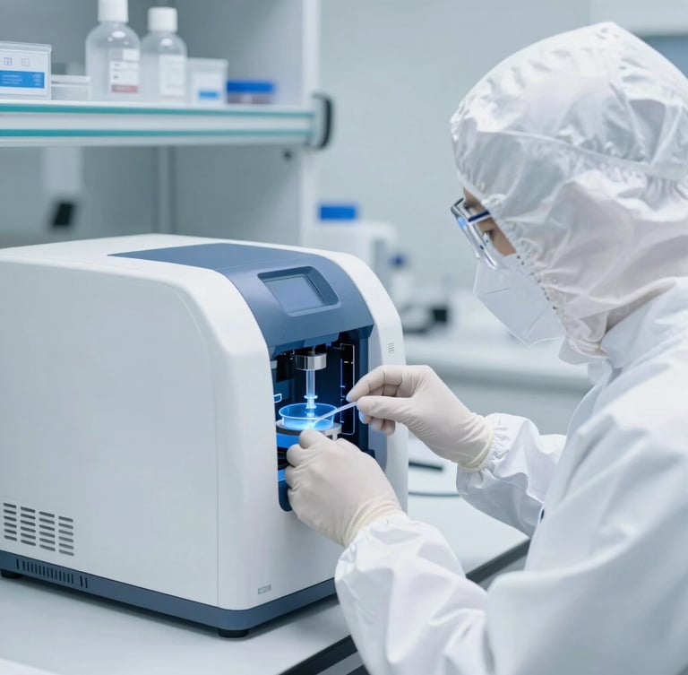 Focused laboratory technician in full white PPE adjusting a high-end molecular PCR analyzer, bright cool-toned sterile laboratory environment, 35mm