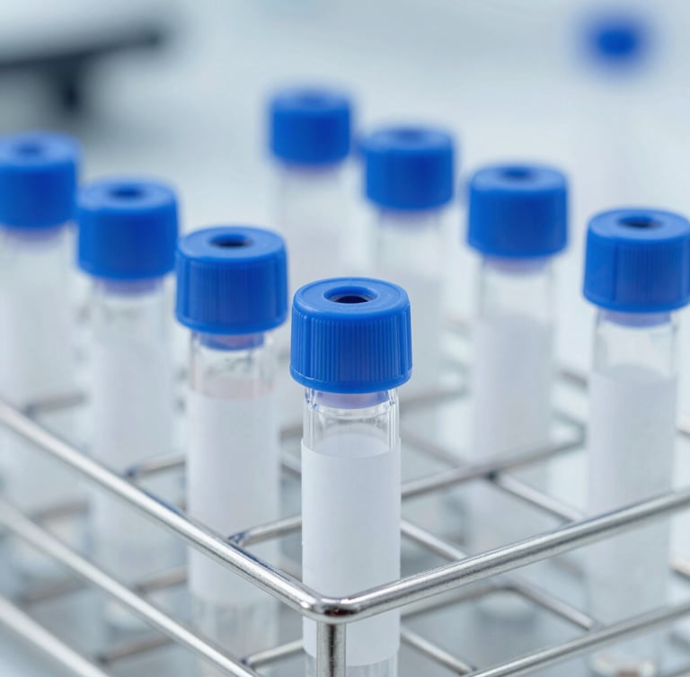 Sharp macro focus on sealed clinical specimen vials in a sterile metal rack, bright cool white laboratory lighting, 35mm