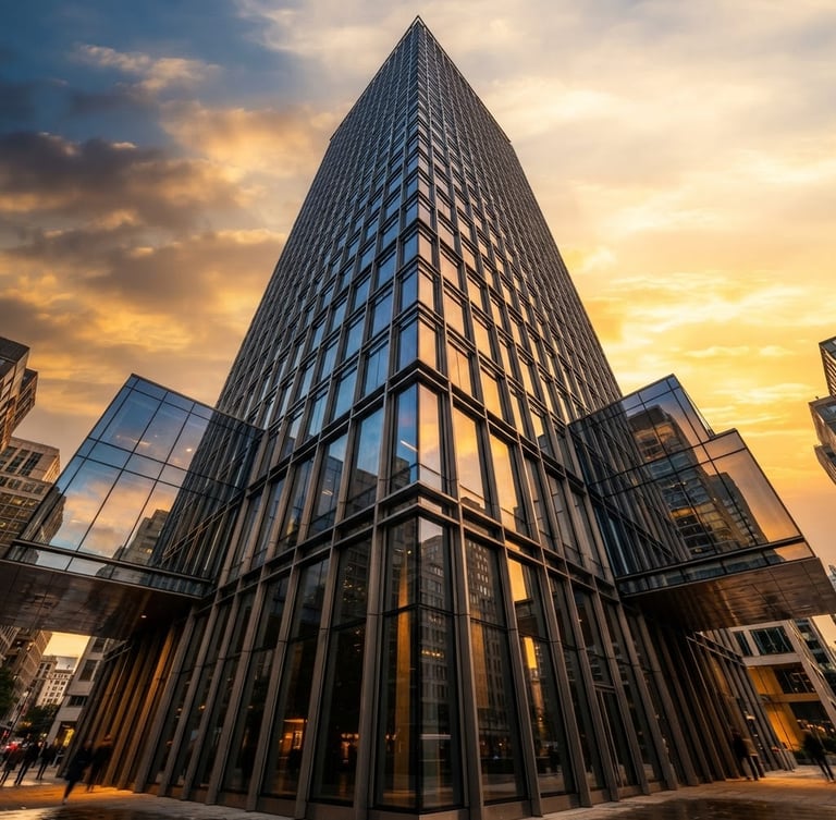 Low-angle architectural photograph of a modern high-rise glass facade reflecting the golden hour sky, sharp metal joint details, crisp daylight