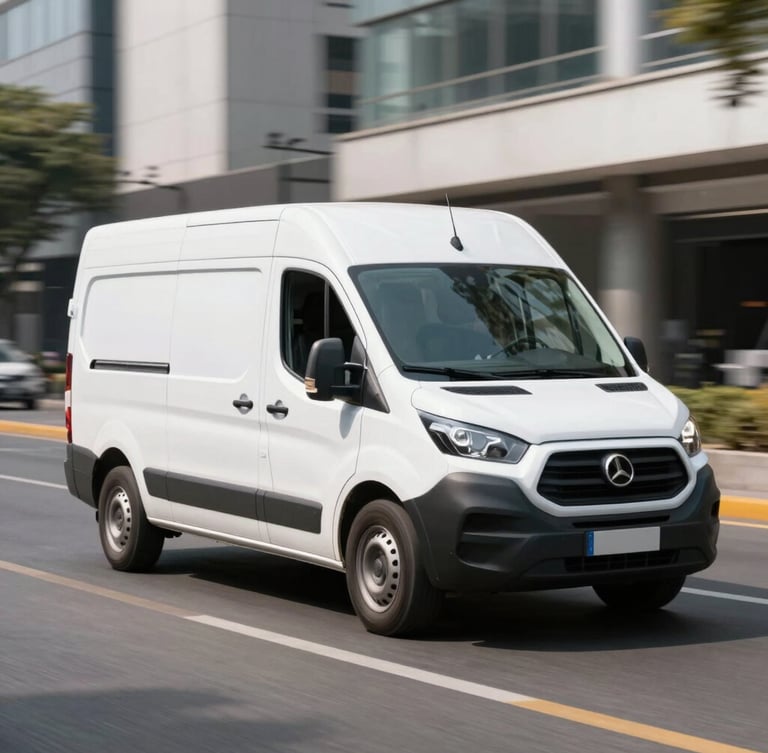 Pristine white delivery van driving through a clean, modern urban corridor in CDMX, crisp daylight, high-contrast clean tones, 35mm lens
