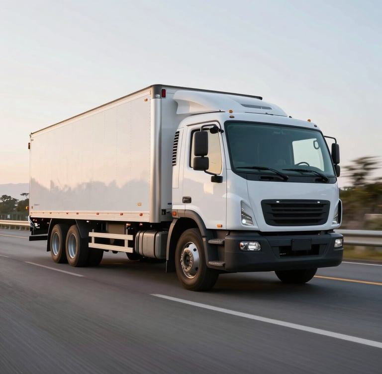 Dynamic low-angle tracking shot of a pristine white cargo truck moving fast on a clean Mexican highway at sunrise, 35mm lens, sharp details