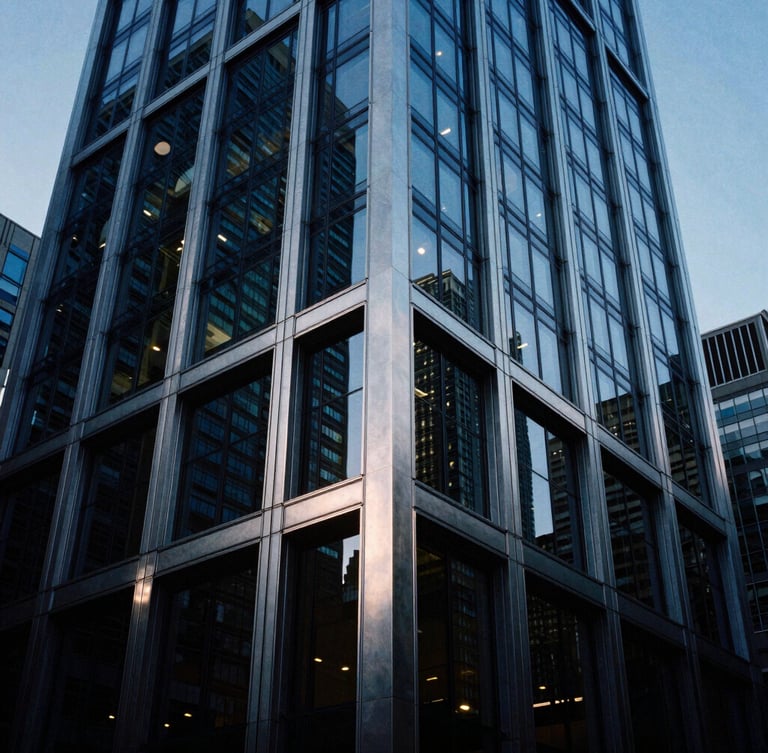 Architectural close-up of a modernist Chicago skyscraper facade, sharp geometric steel frames and high-contrast glass panels reflecting cool blue hour light, dramatic low-key lighting, 35mm.