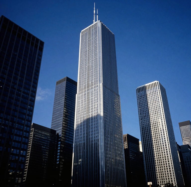 Dramatic wide-angle architectural shot of Chicago skyscrapers at blue hour, sharp steel and glass facades reflecting cool silver light, deep navy shadows, 35mm photography