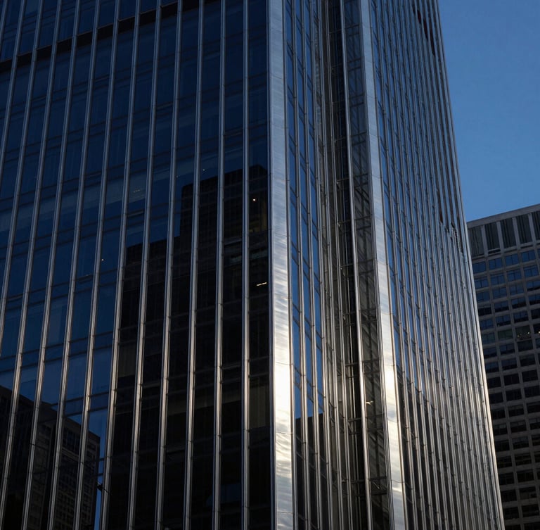 Dramatic architectural photography, close-up of structural steel and glass facade of a Chicago skyscraper at blue hour, deep navy and brushed silver tones, high contrast, 35mm