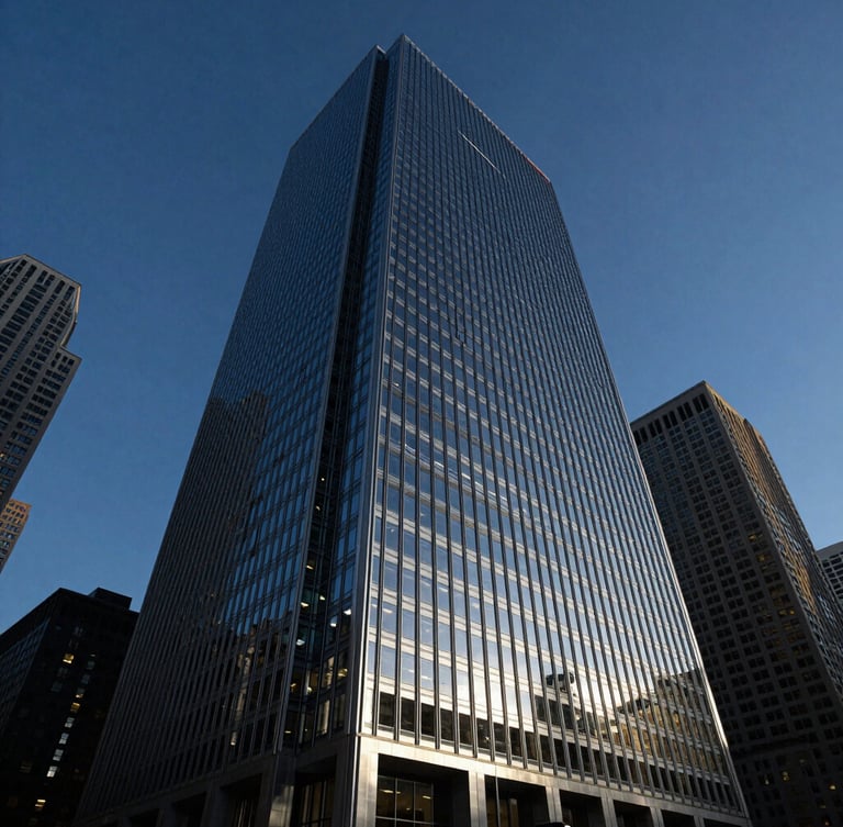 Wide-angle architectural perspective of a Chicago steel and glass skyscraper reflecting the deep blue hour sky, clean geometric lines, high-contrast, premium tech aesthetic.