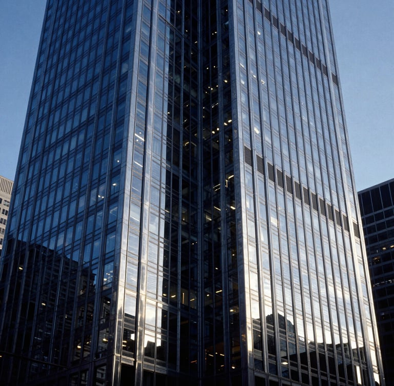 High-contrast architectural steel and glass facade of a Chicago skyscraper, sharp geometric lines, cool blue hour tones, dramatic lighting