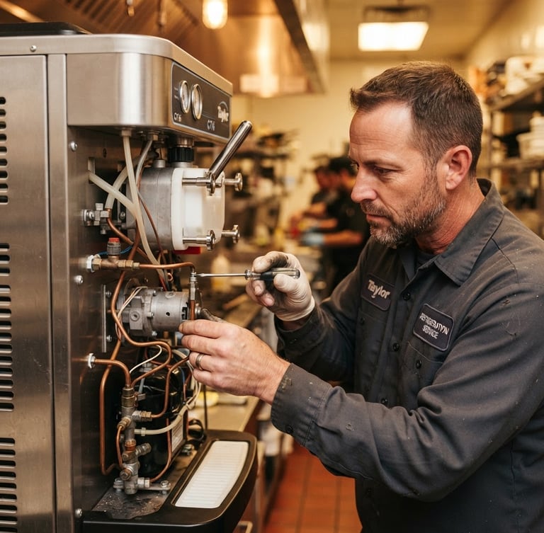 Close-up of a uniformed technician with a precise tool repairing a clean Taylor C716 ice cream machine, warm ambient kitchen lighting, sharp focus on mechanical details, rich saturated tones.