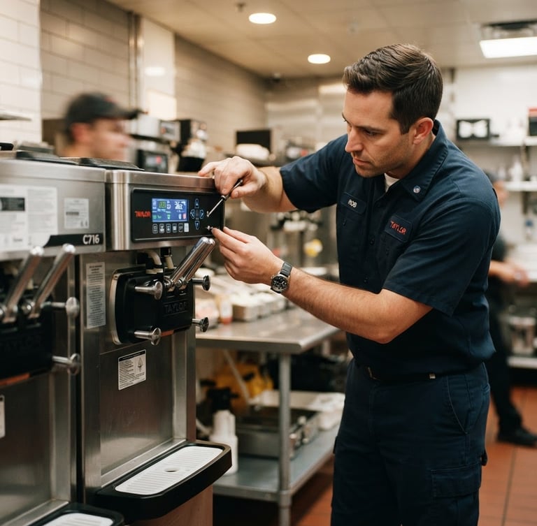 Técnico uniformizado ajustando painel digital de uma máquina de sorvete Taylor C716 em uma cozinha de fast-food limpa e moderna, iluminação focada nos componentes eletrônicos, foto editorial de alta precisão.