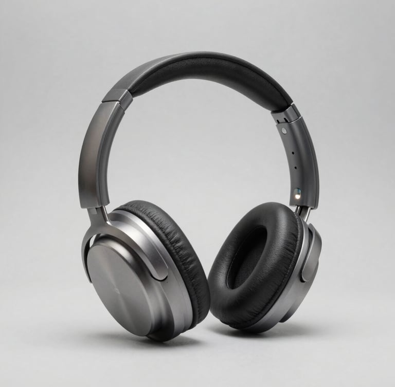 A high-contrast, eye-level studio photograph of a premium minimalist aluminum headphone set, isolated on a solid light gray background, crisp lighting, soft drop shadow.