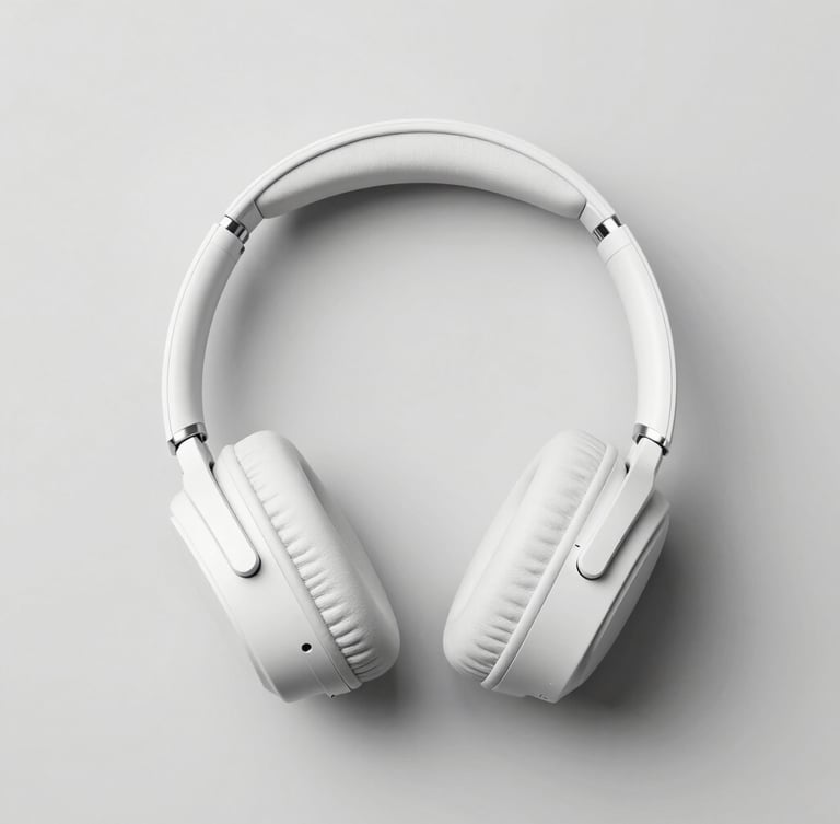 Flat-lay of premium minimalist wireless headphones on a clean, light-grey solid studio background, crisp high-key lighting, soft realistic drop shadow