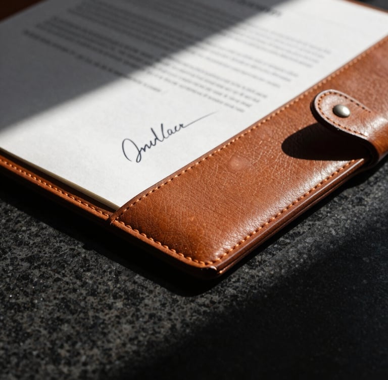 Macro detail of a high-quality leather folder and signed legal document on a dark obsidian table, sharp directional sunlight, high contrast.