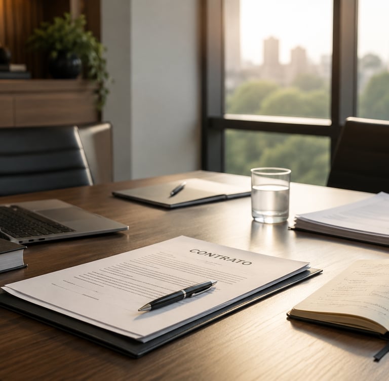 Legal business contract and fountain pen on a modern office desk with laptop and city view.