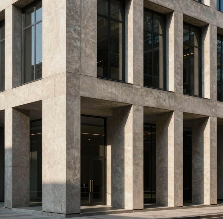 Editorial architectural photography of a modern concrete and travertine office facade with sharp geometric lines, deep shadows, warm afternoon light, 35mm lens.