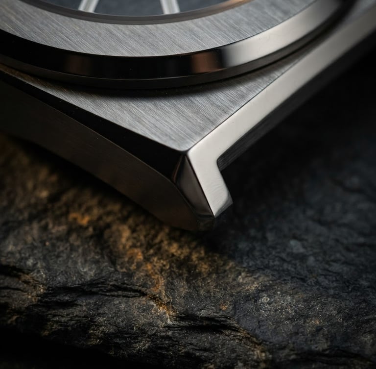 Macro close-up of a brushed steel watch case, directional side-lighting highlighting the polished bevels, resting on dark textured slate.
