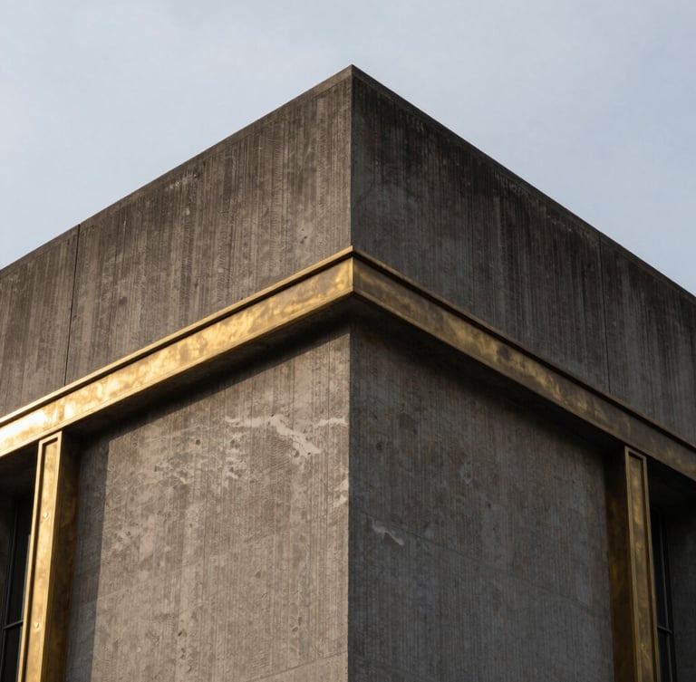 Extreme close-up architectural photography of raw concrete meeting brass detailing on a monumental public building corner, crisp overcast natural light.